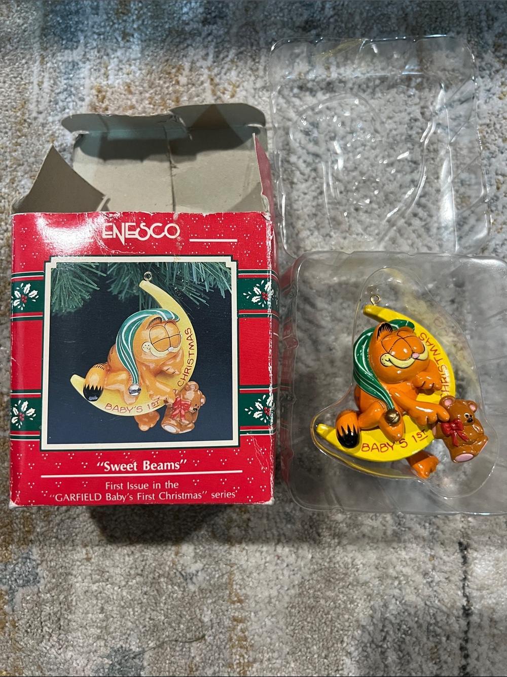 1991 1st Issue Enesco Garfield Sweet Beams Baby's First Christmas Ornament